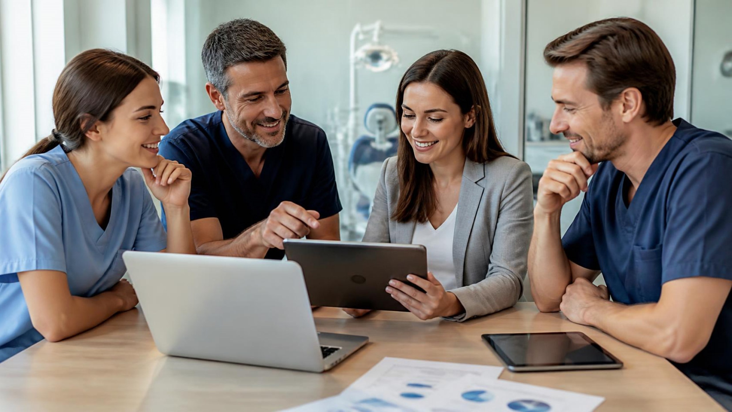Equipa de clínica dentária a rever o plano de marketing digital num tablet