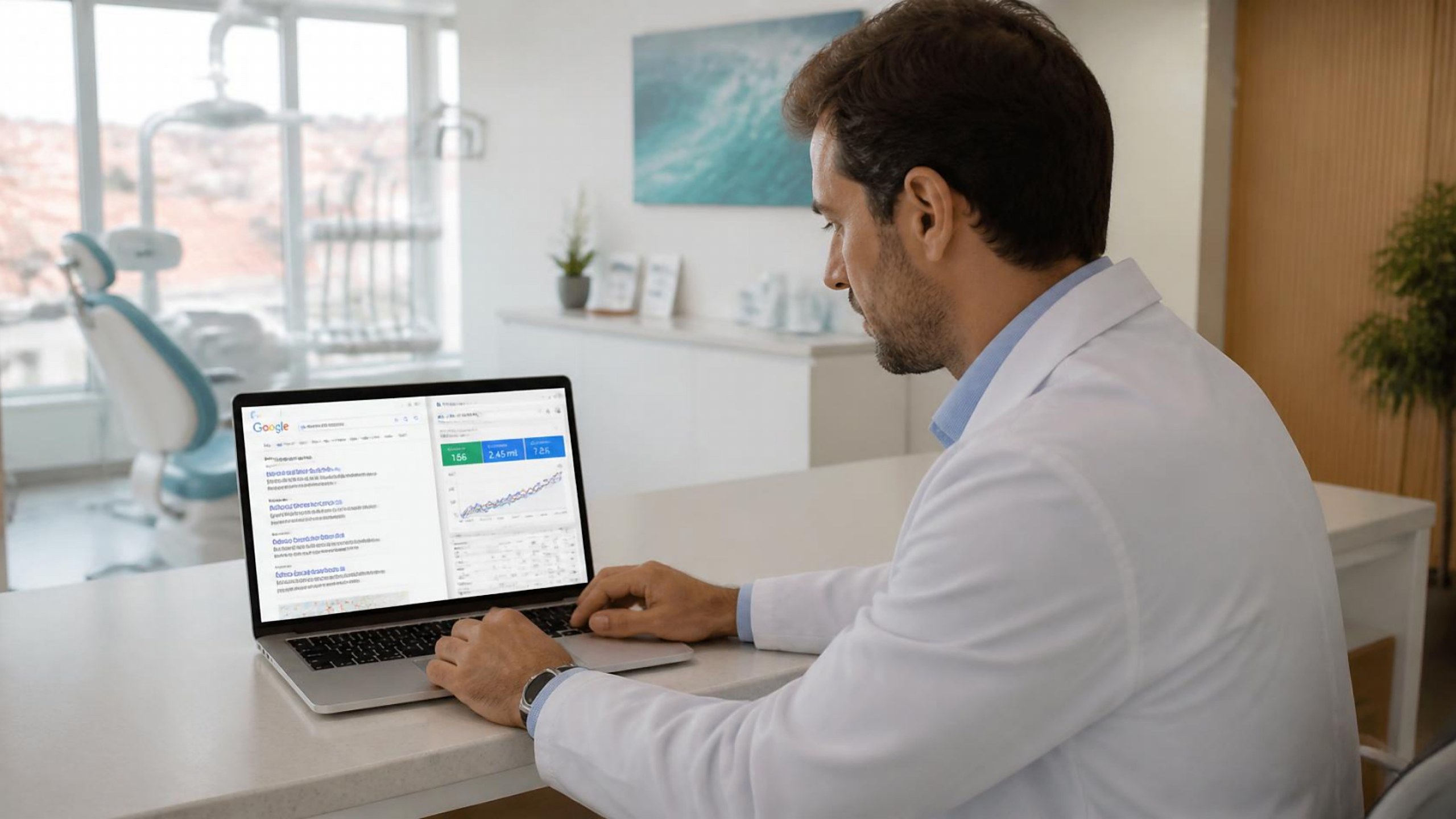 Médico dentista a analisar uma campanha de Google Ads no portátil