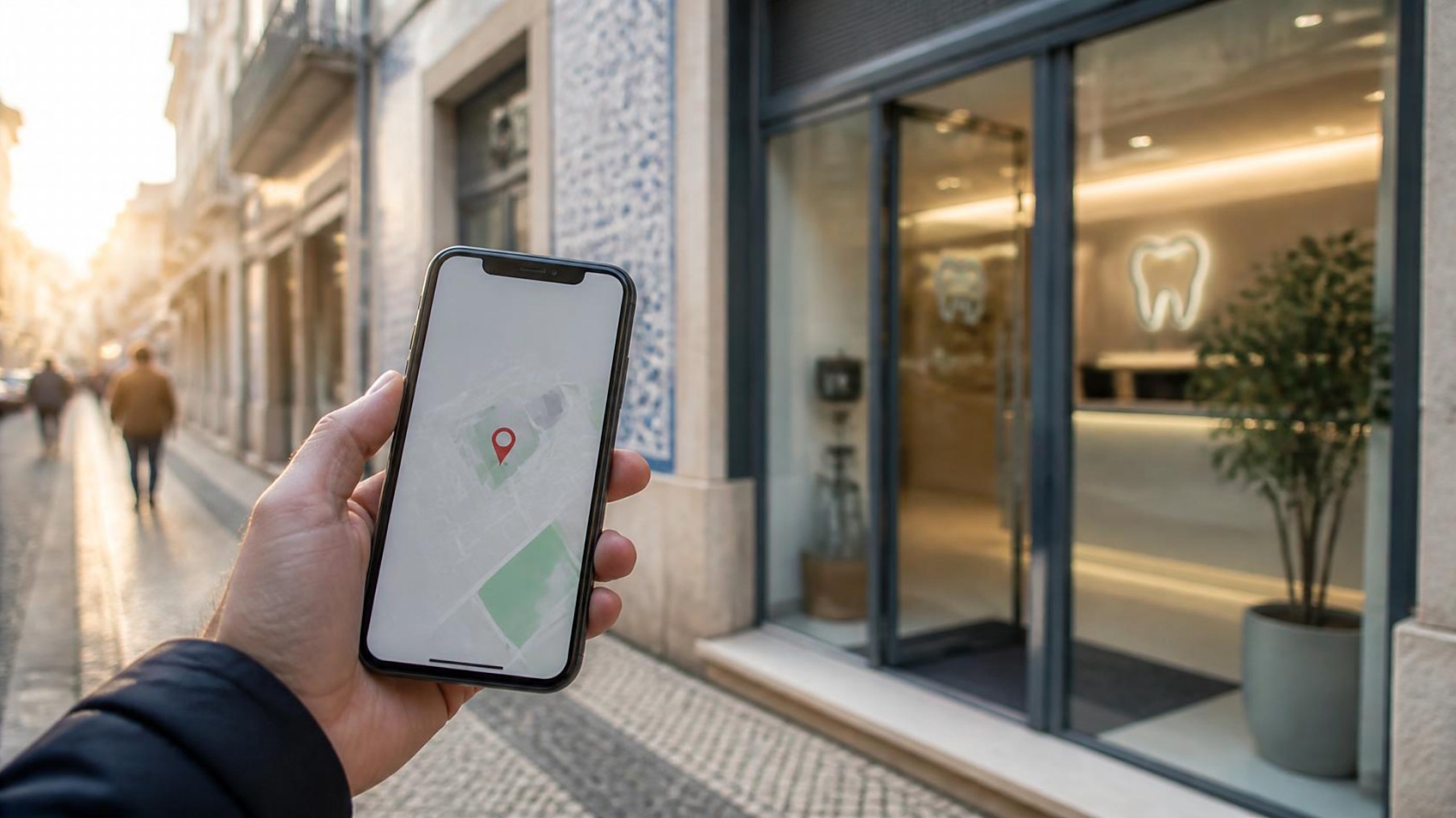 Telemóvel com mapa em frente a uma clínica dentária em Lisboa