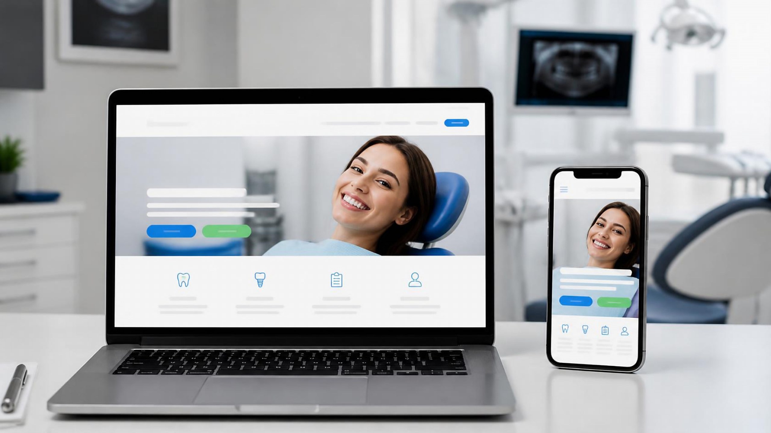 Website de clínica dentária em portátil e telemóvel