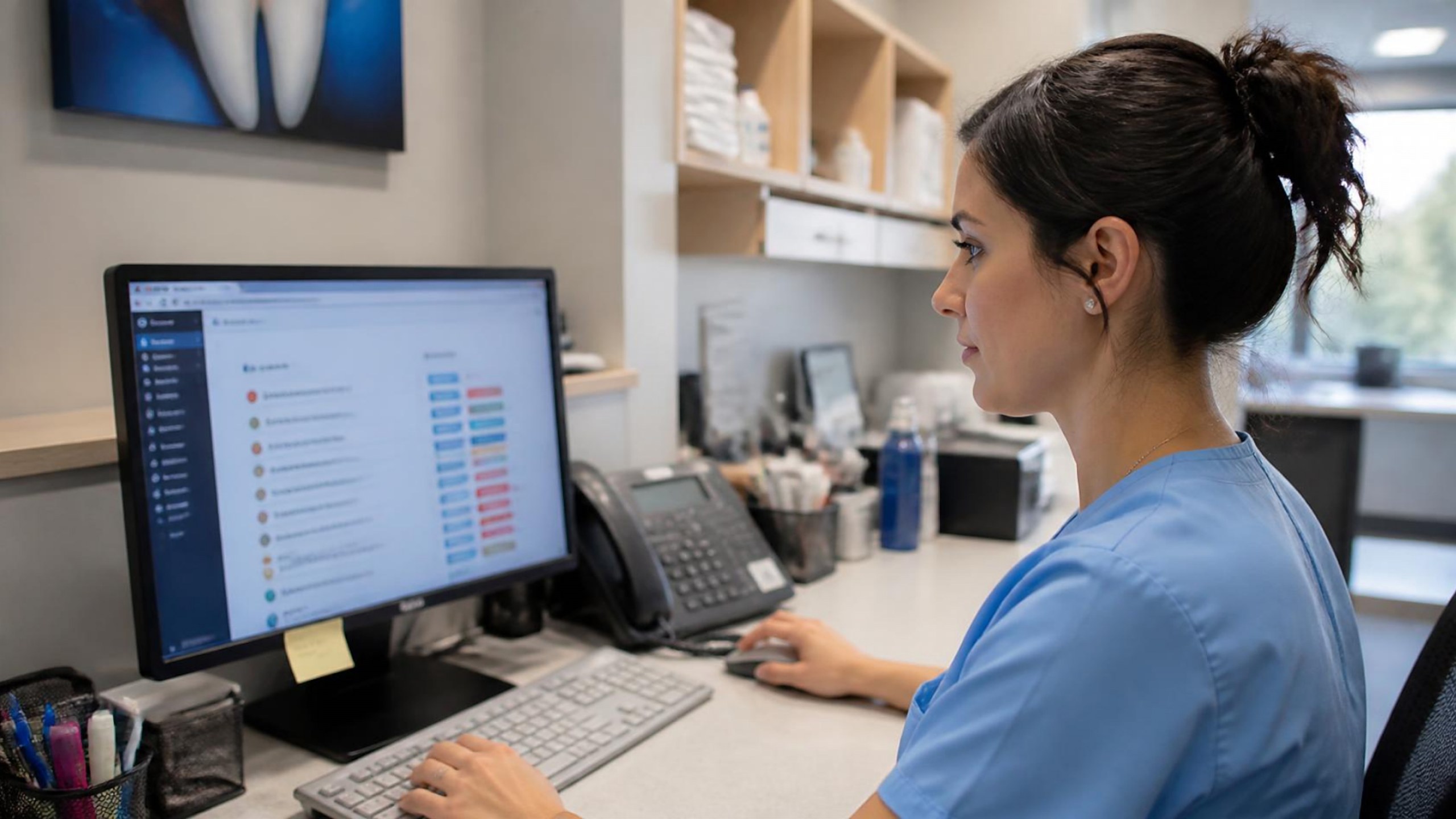 Funcionária de clínica dentária a segmentar a base de dados de pacientes