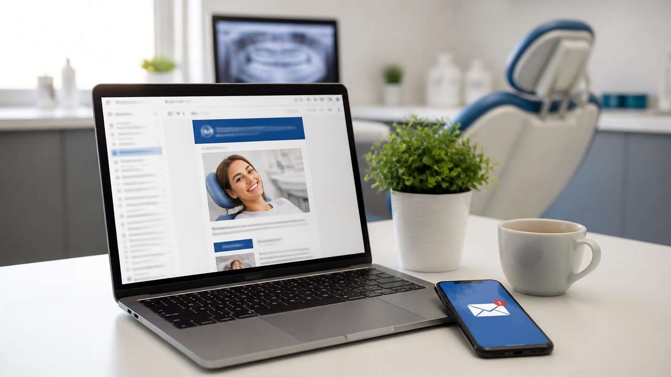 Newsletter de clínica dentária aberta no portátil