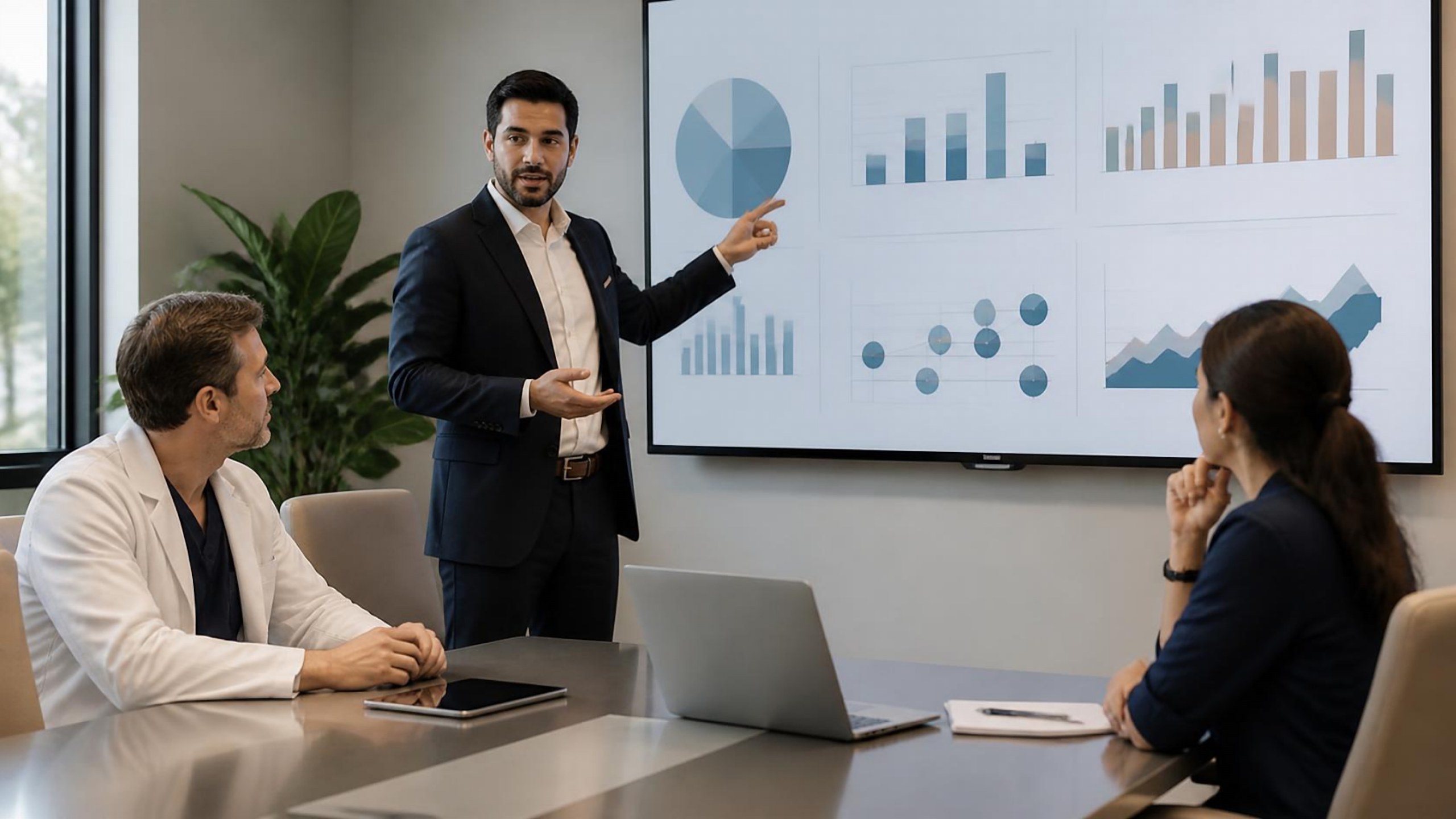 Consultor a apresentar relatório de resultados de marketing a dentista