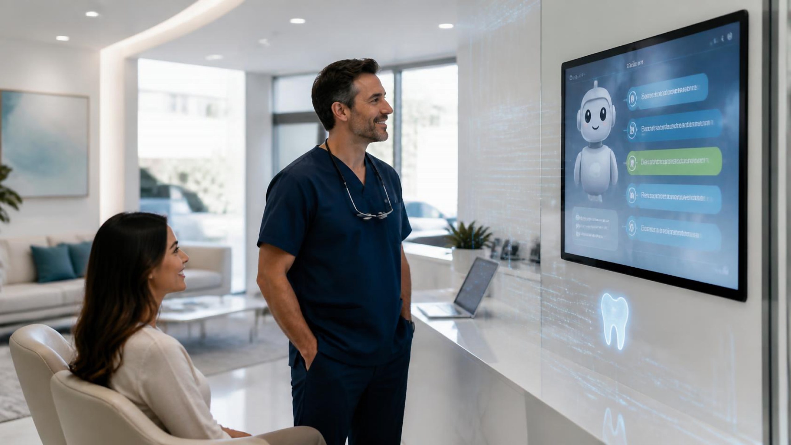 Assistente de inteligência artificial em ecrã na receção de clínica dentária