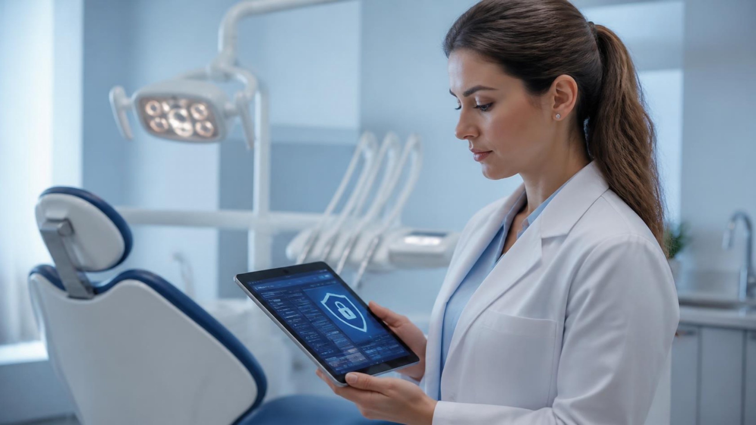 Médica dentista com tablet a consultar dados de pacientes protegidos